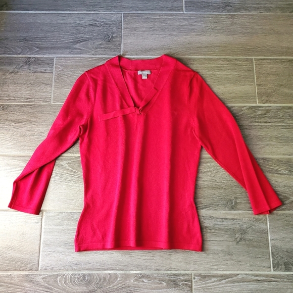 Ann Taylor Red Quarter Sleeve Tie Neck Top - Size XS - Picture 7 of 7